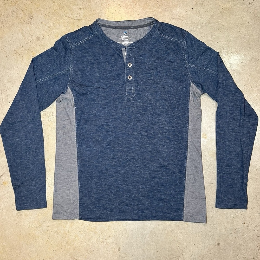 KÜHL Mens Long Sleeve Henley Shirt Blue Gray Cotton Thumbholes Size Medium